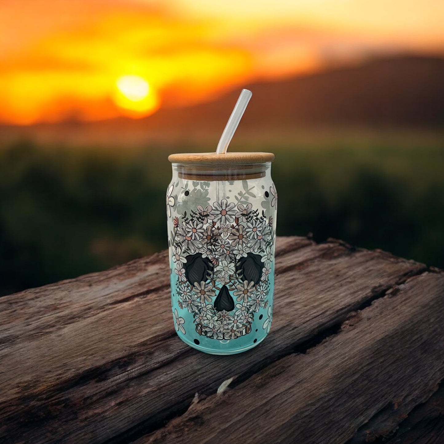 Floral Skull Glass Cup
